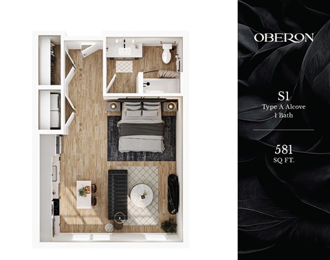 Floor plan for studio, 1 bath, 581 sqft